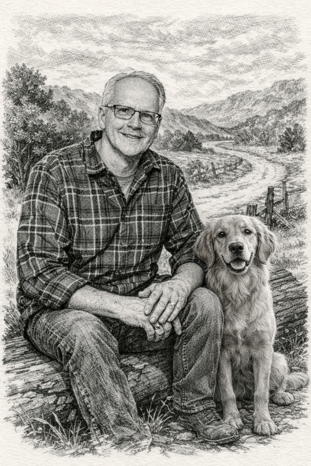 Hand-drawn portrait of Scott with his dog in a quiet landscape